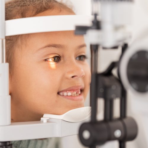 Vision, test and girl for eye exam in the opthalmologist office with equipment for glasses. Optics,.